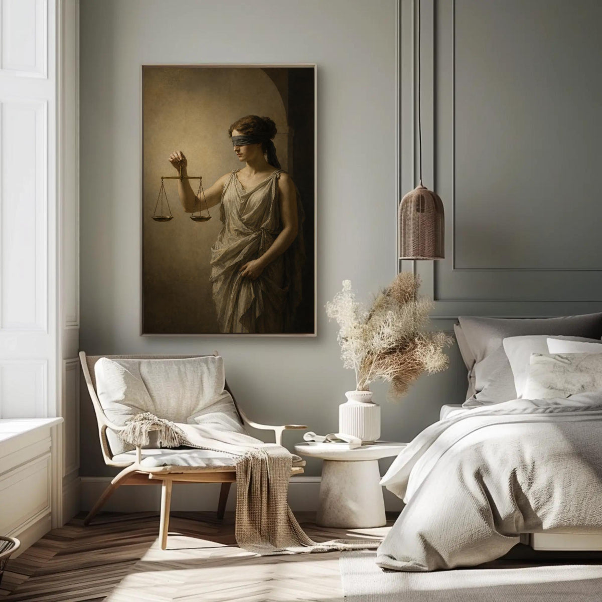 Lady Justice with scales canvas wall art, serene bedroom scene with a large painting of a woman holding a scale, a bed with