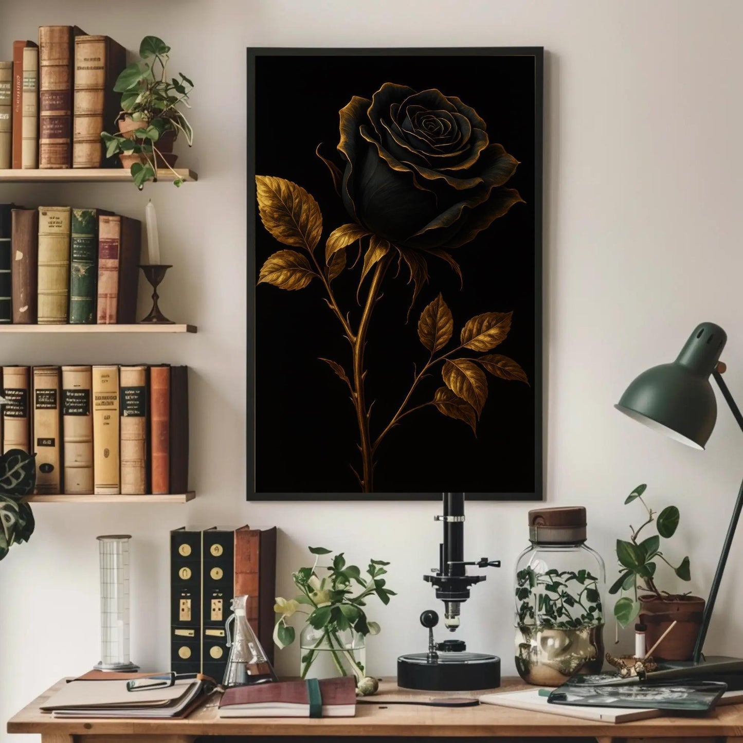 Black Rose canvas wall art in gold tones