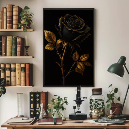 Black Rose canvas wall art in gold tones