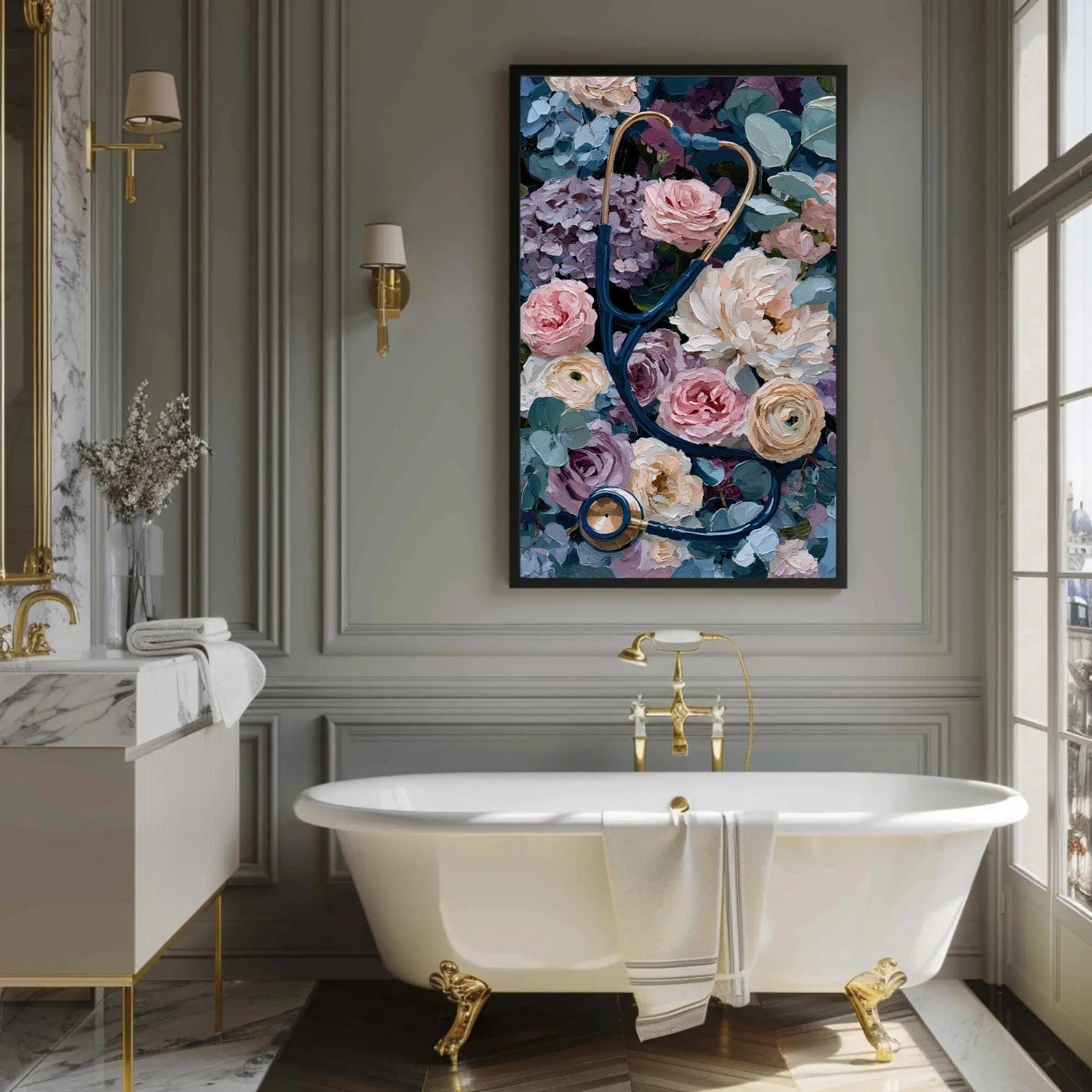 Stethoscope canvas wall art shown in a bathroom