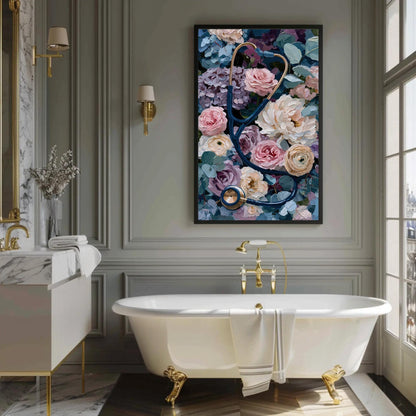 Stethoscope canvas wall art shown in a bathroom