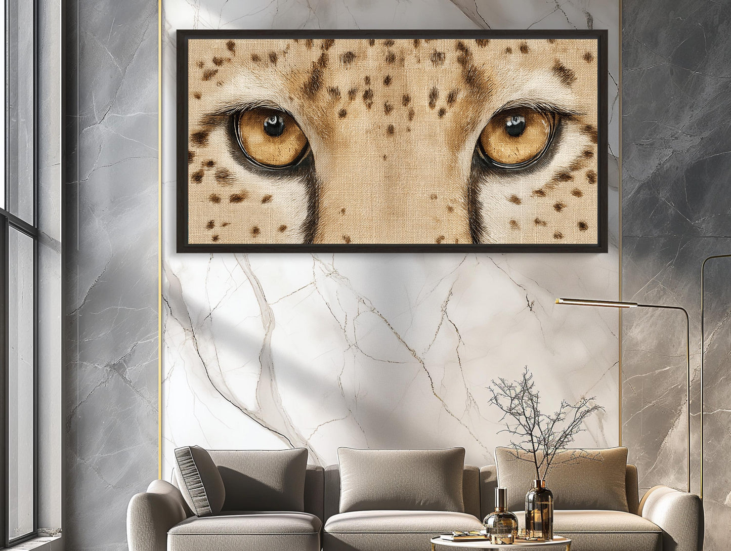 Cheetah Eyes canvas wall art shown in a living room (view 2)