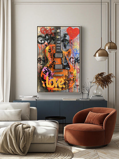 a modern living room with a large, colorful graffiti-style guitar painting hanging on the wall above a black console table. The room is furnished with a white sofa, a red armchair, and a wooden coffee table. The overall decor has a contemporary and vibrant feel, with the guitar painting being the focal point of the space.
