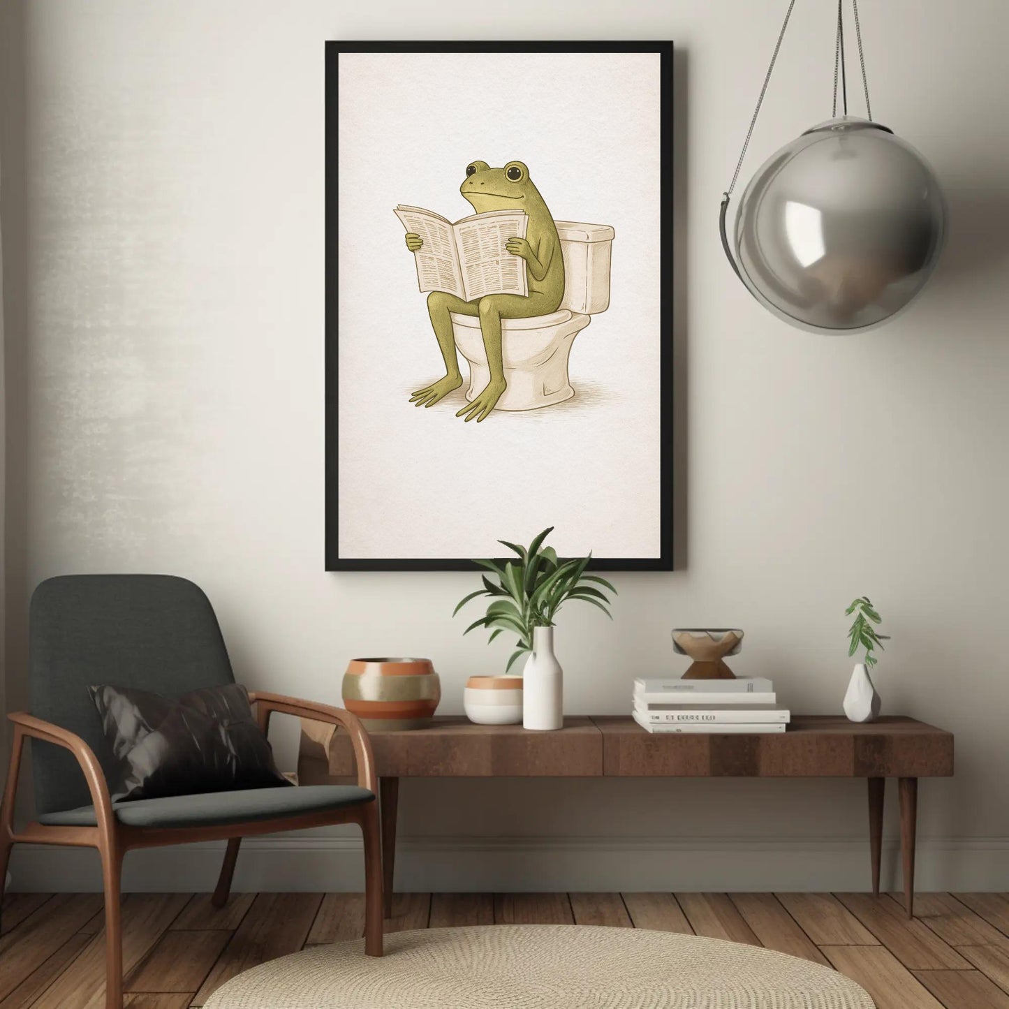 Frog Bathroom canvas wall art shown in a living room