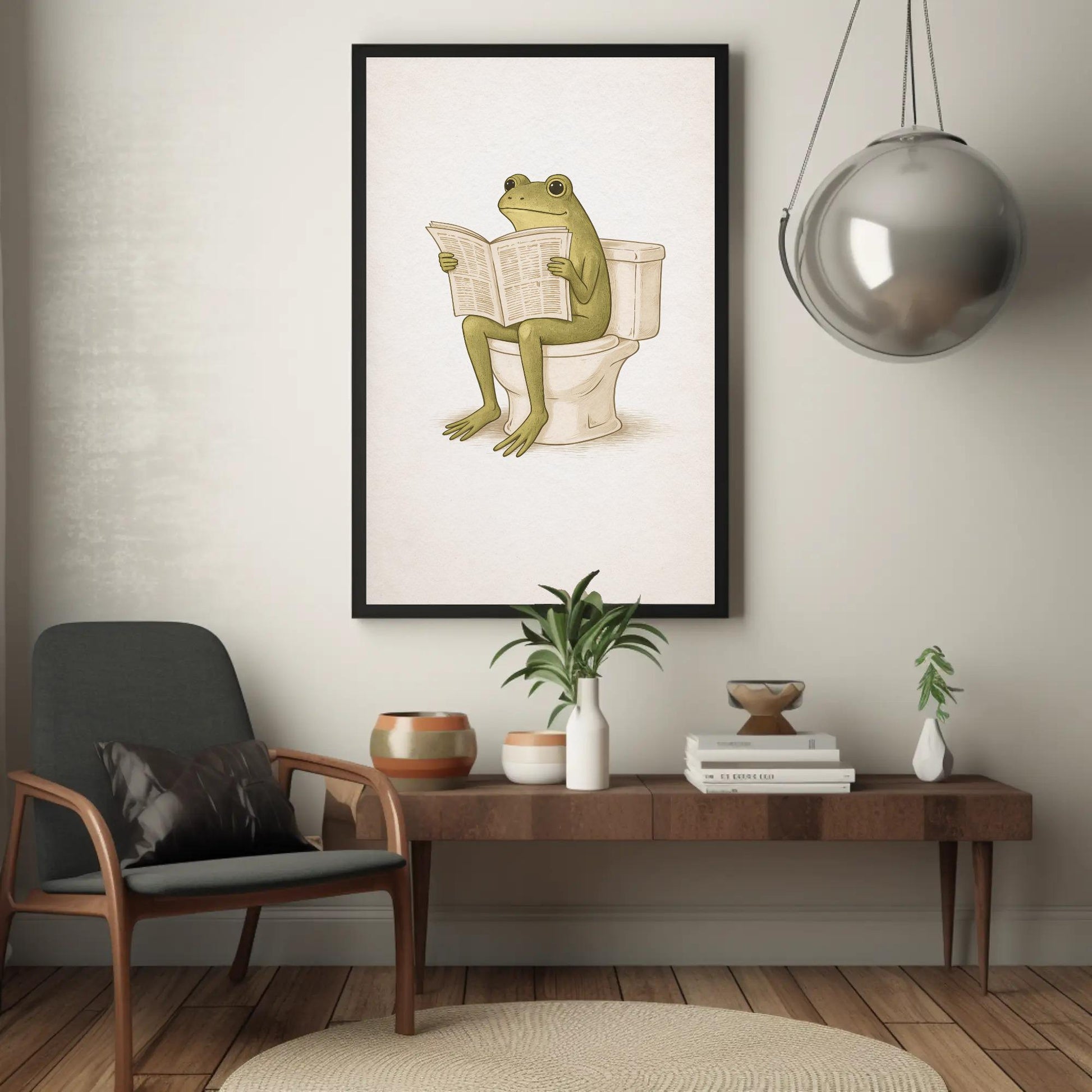 Frog Bathroom canvas wall art shown in a living room