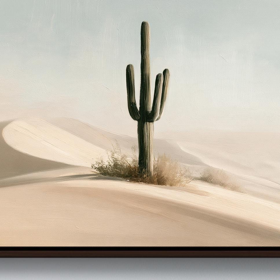Lone saguaro on sand dunes canvas wall art, lone cactus stands in the middle of a vast desert landscape, its spines reaching