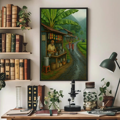 South Indian Tea Stall Art canvas wall art shown above a desk