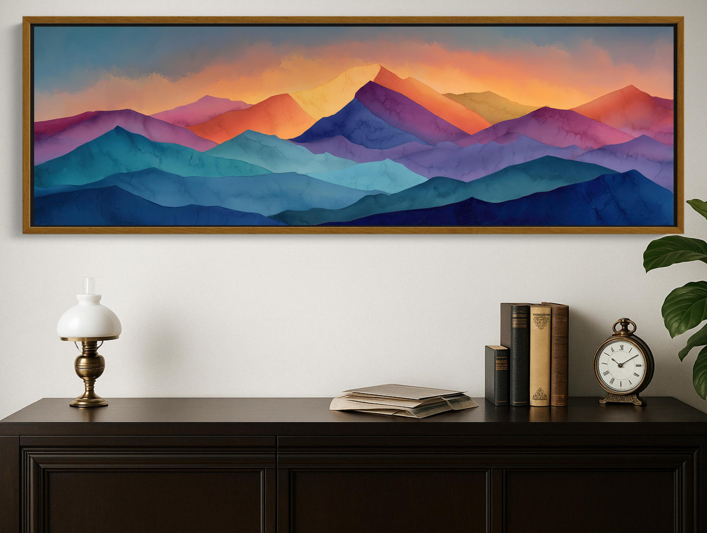 Mountain canvas wall art shown in a styled room