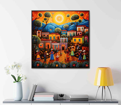 Mexican Folk Art , Colorful Village canvas print, premium giclée wall art