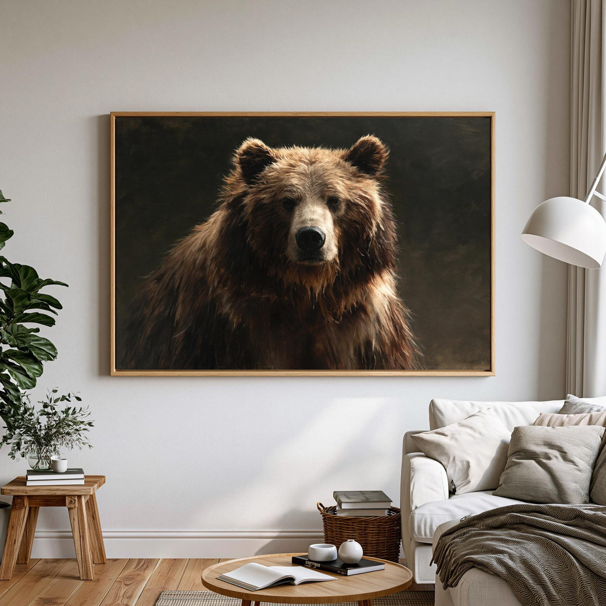 a large, framed painting of a brown bear on the wall of a living room.
