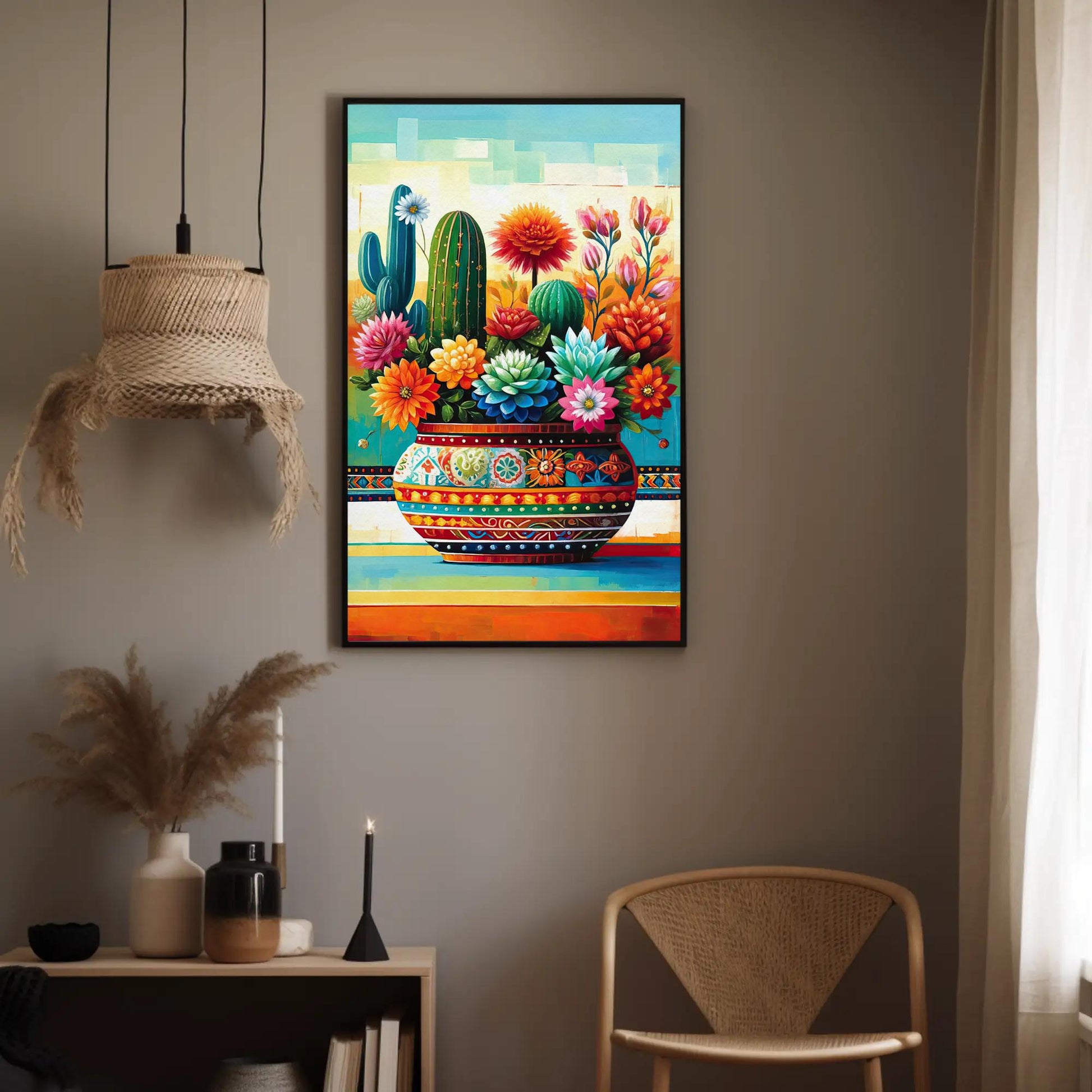 Mexican Floral Cactus , Vibrant Fiesta boho canvas wall art, ready to hang