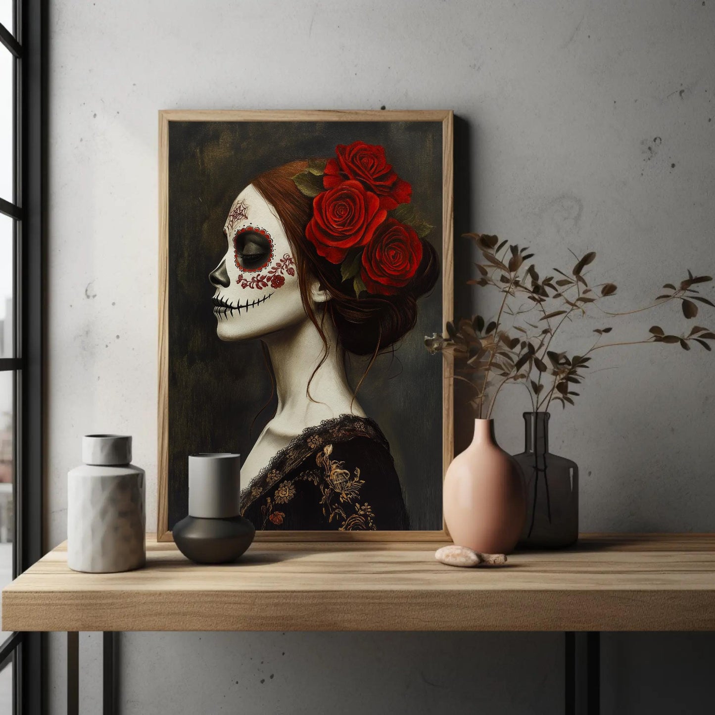 Day of the Dead canvas wall art shown in a styled room (view 2)