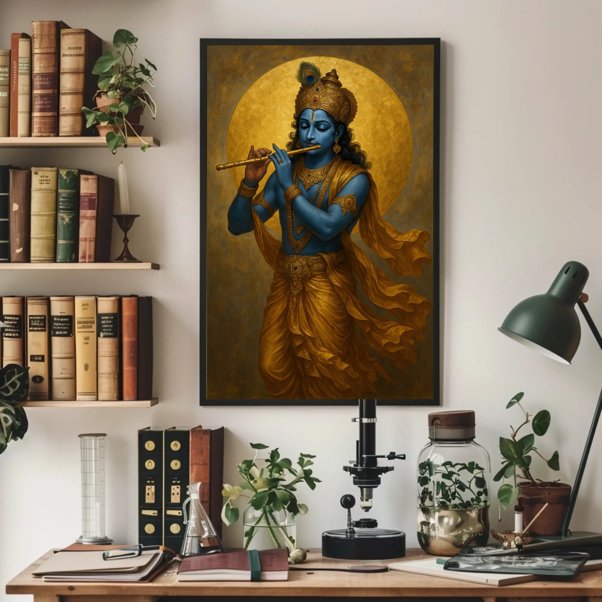 a framed painting of a blue-skinned Hindu deity playing a flute, surrounded by various objects such as books, plants, and a desk lamp.