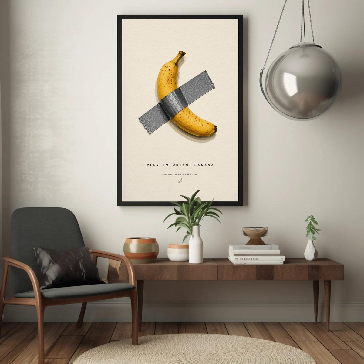 a framed poster of a banana taped to a wall, with a wooden table and a black chair in the foreground.