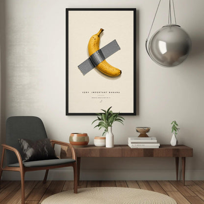 a framed poster of a banana taped to a wall, with a wooden table and a black chair in the foreground.