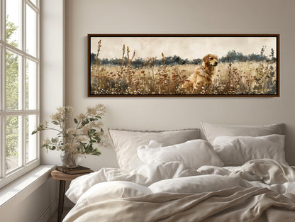 a painting of a dog sitting in a field of flowers