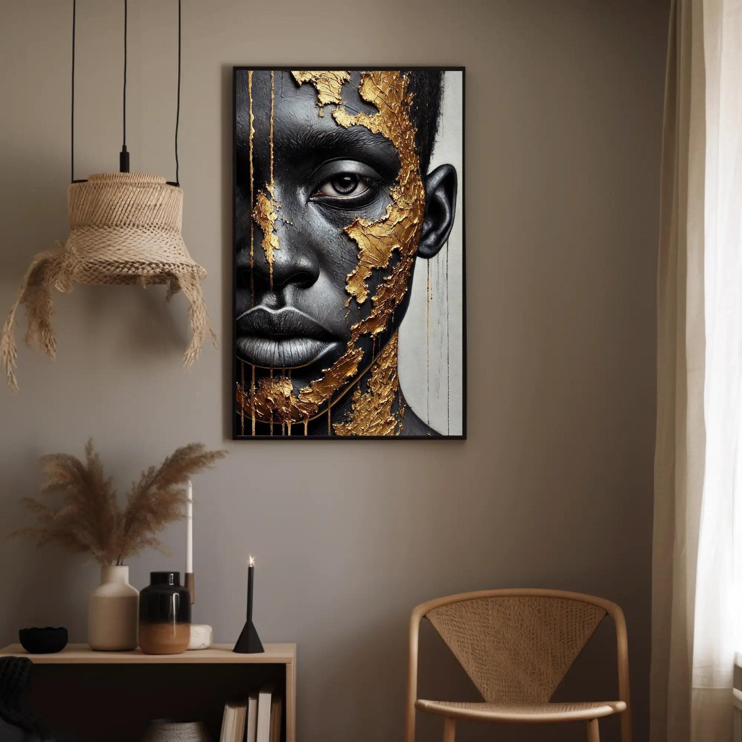 Black Boy Gold Portrait canvas wall art shown in a styled interior