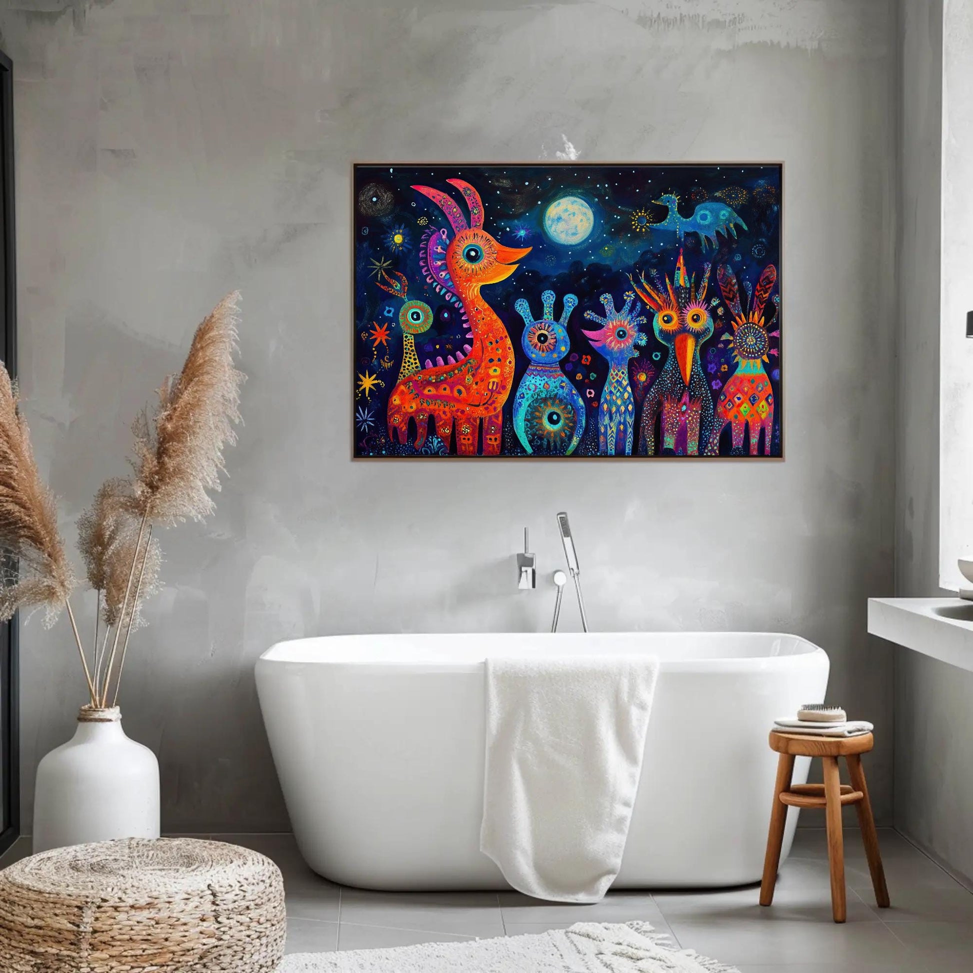 Oaxacan Alebrijes , Mexican Folk Art canvas wall art shown in a bathroom