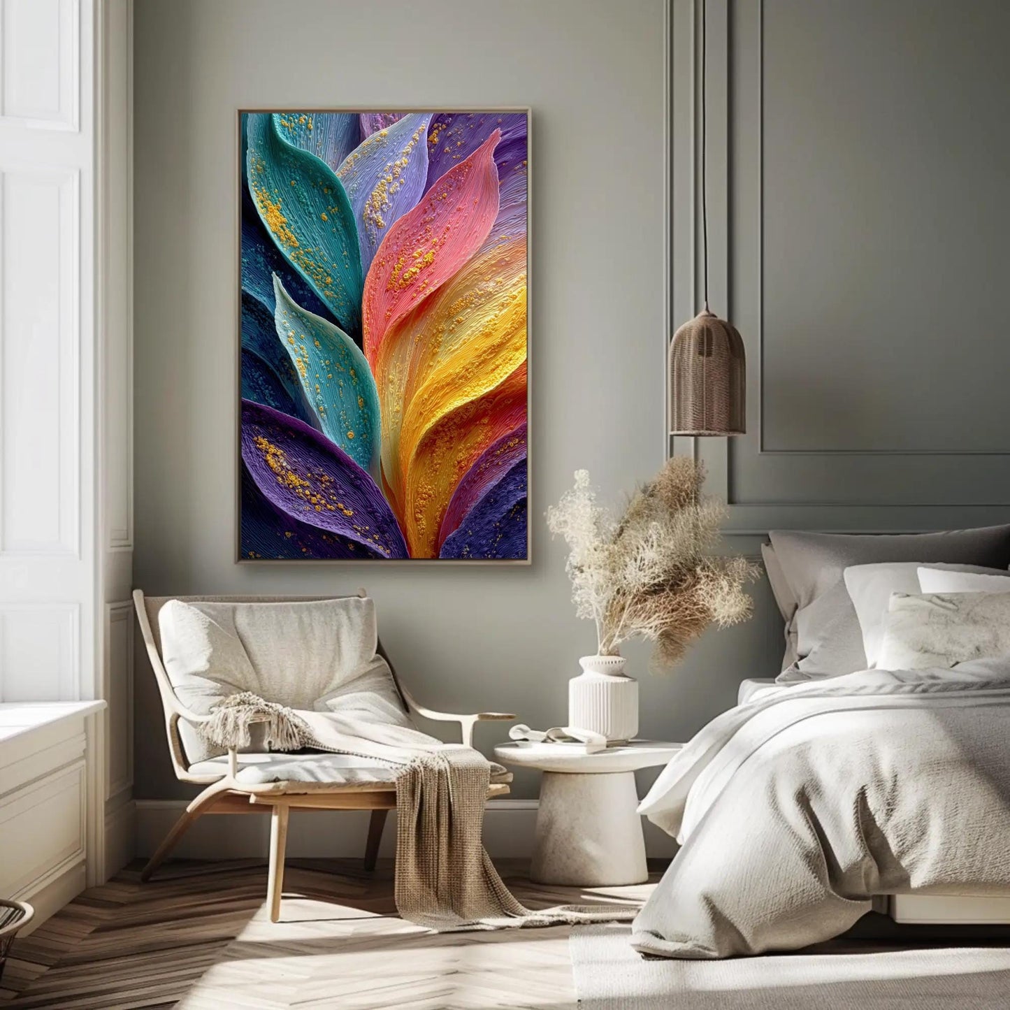 Rainbow Petals canvas wall art shown in a bedroom