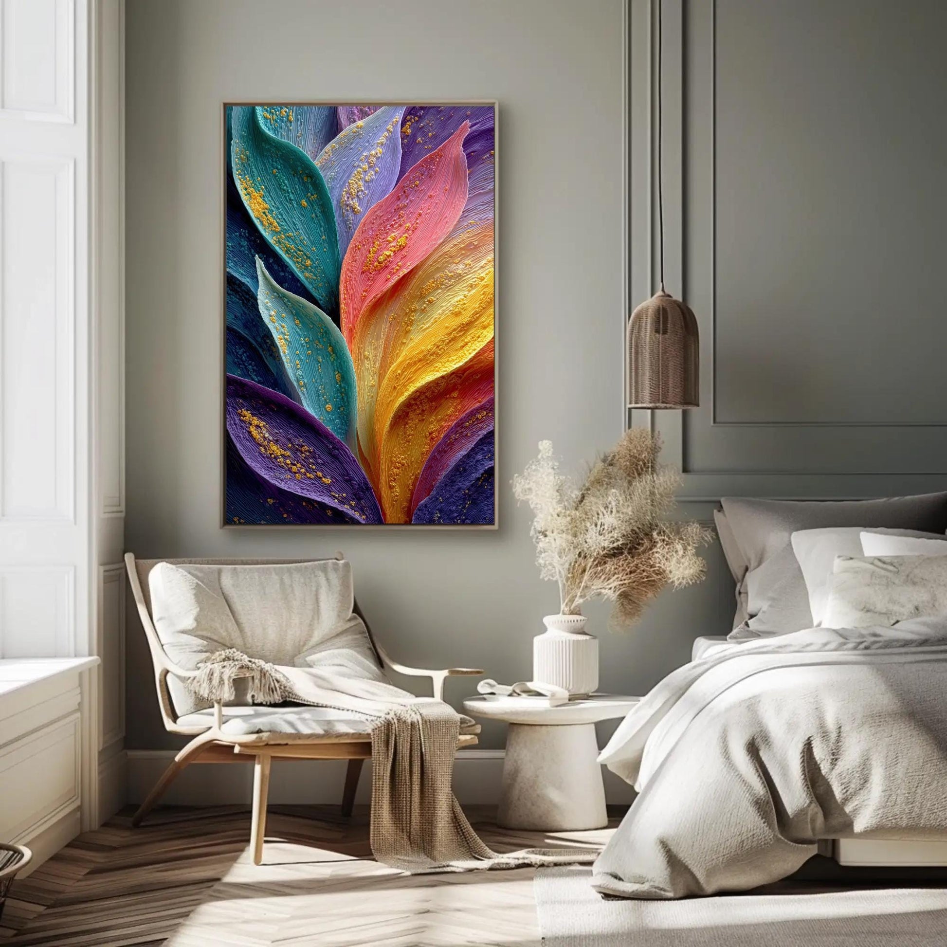 Rainbow Petals canvas wall art shown in a bedroom
