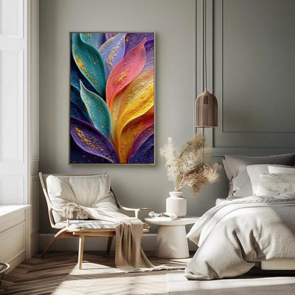 Rainbow Petals canvas wall art shown in a bedroom