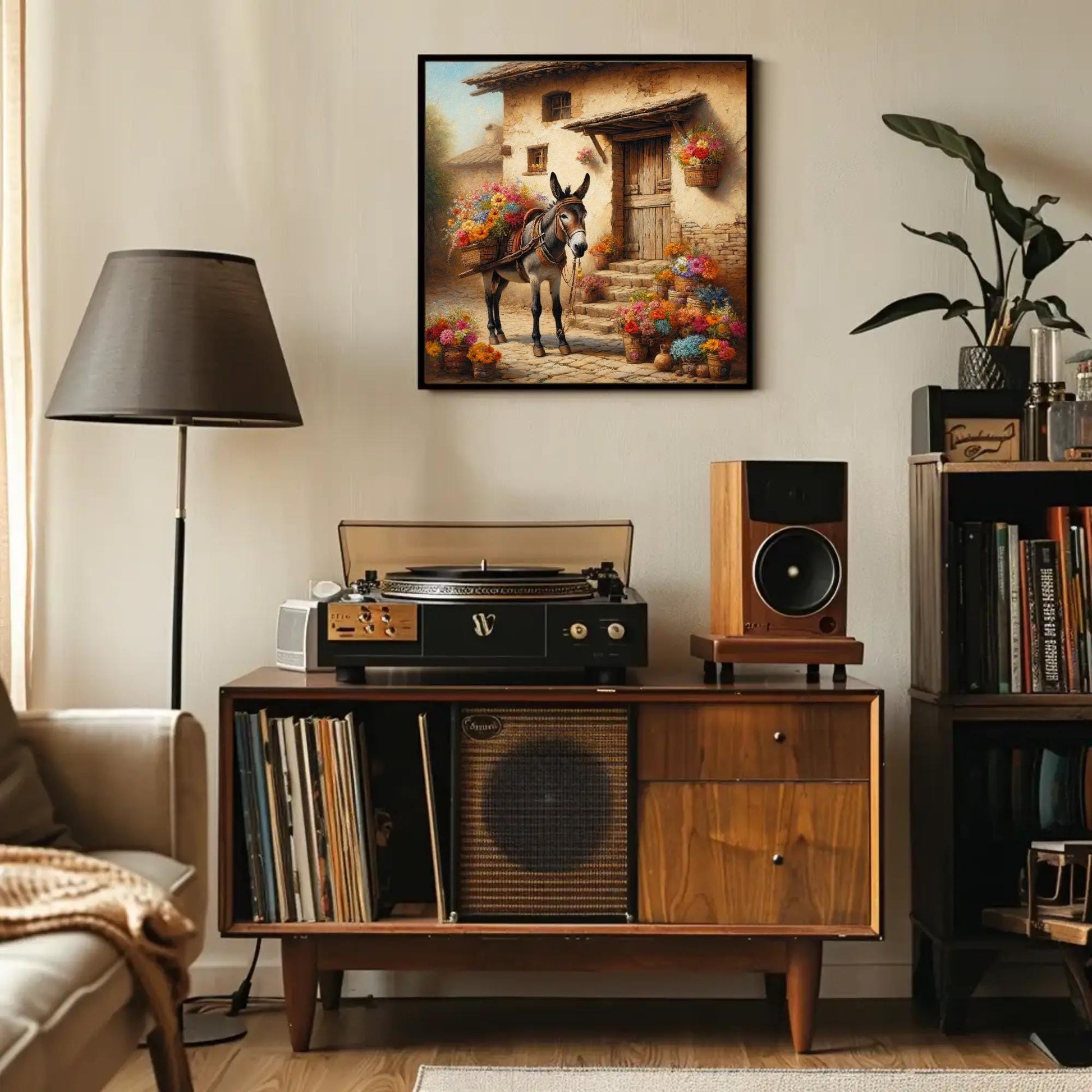 Mexican Burro Art canvas wall art shown in a living room