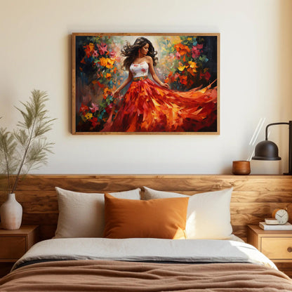 Mexican Folk Dance , Ballet Folklorico canvas wall art shown above a bed