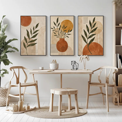 Boho botanical abstract trio canvas wall art, modern and minimalist living space with a dining table, chairs, and three