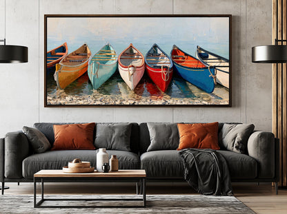 a large painting of seven colorful canoes lined up on a beach, with a wooden coffee table in the foreground.