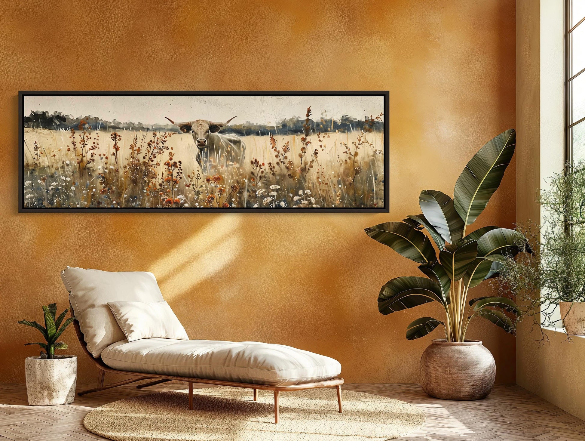 Texas Longhorn Cow canvas wall art shown in a living room (view 2)