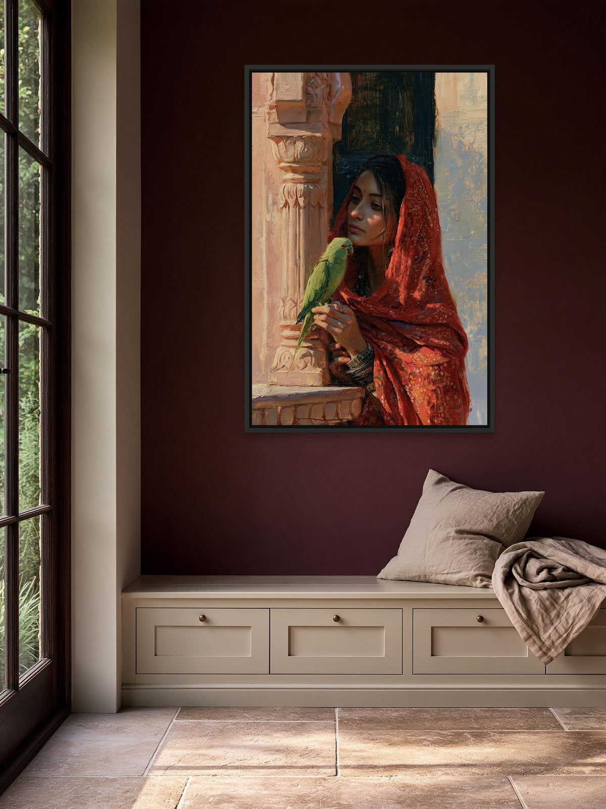 Rajasthani woman with parakeet canvas wall art, woman in a red shawl, holding a green parrot, in a room with a window and a