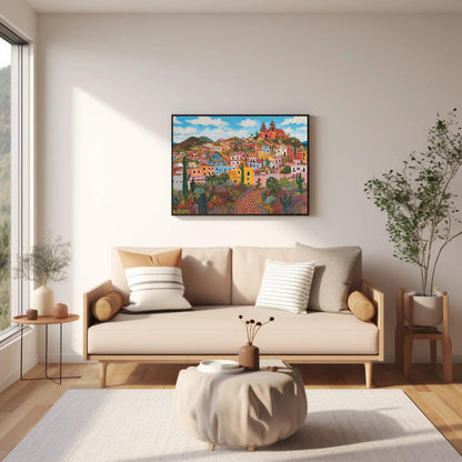 Zacatecas Mexico , Colorful Colonial canvas wall art shown in a living room