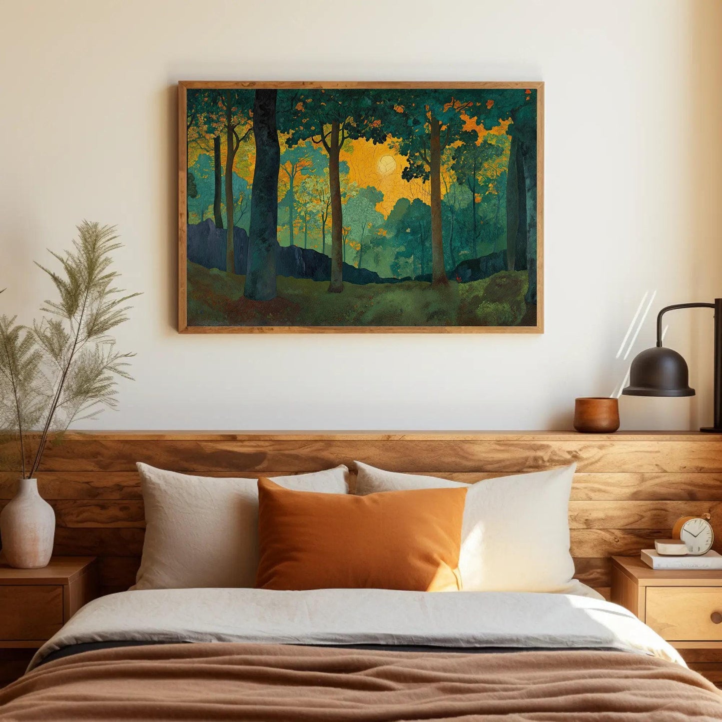 Sacred Grove canvas wall art shown in a bedroom