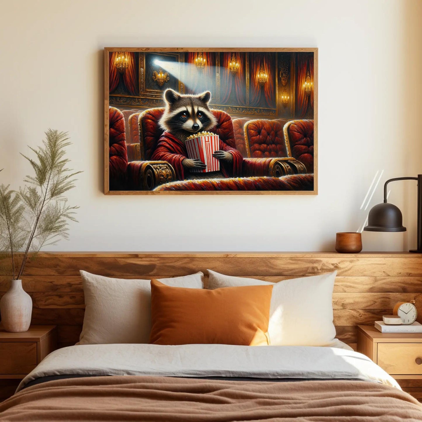 Raccoon canvas wall art shown in a styled room