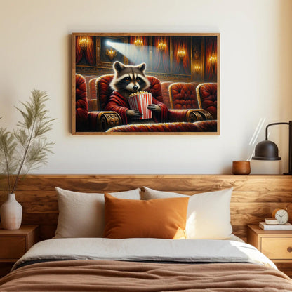 Raccoon canvas wall art shown in a styled room
