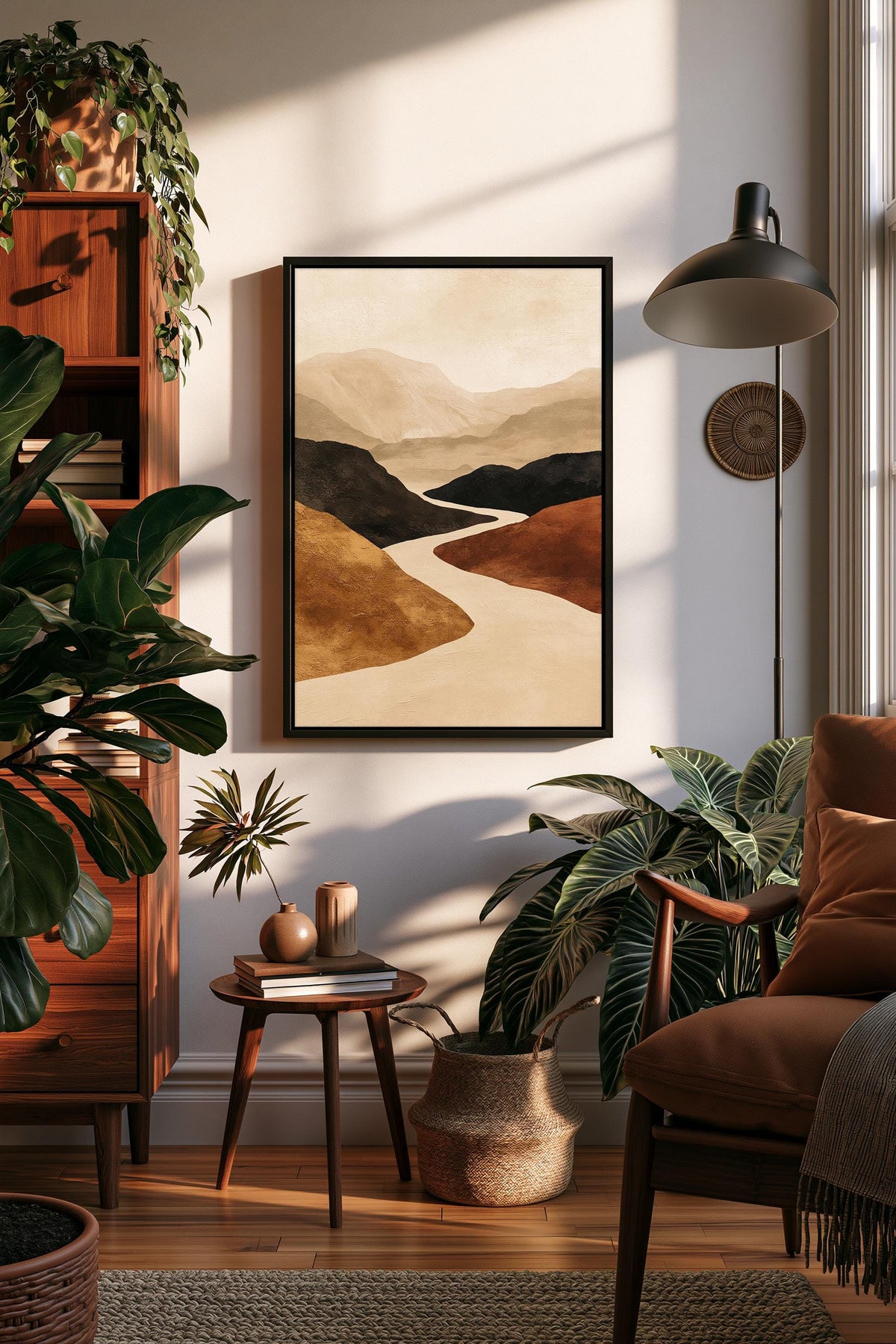Abstract Mountain Wall Art, Winding River Canvas, Terracotta Ochre