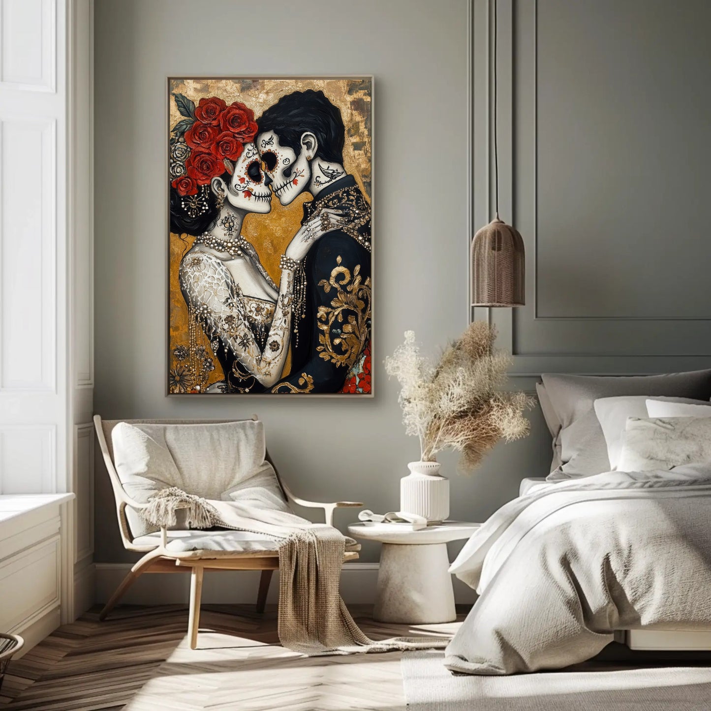 Day of the Dead canvas wall art shown in a bedroom
