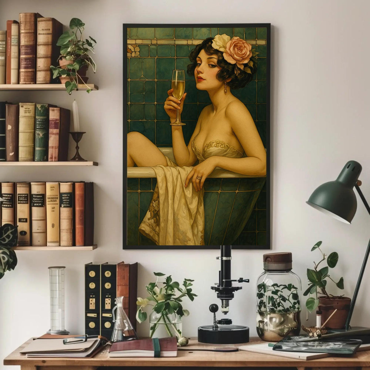 Vintage bathtub woman canvas wall art, painting of a woman in a bathtub holding a glass of wine
