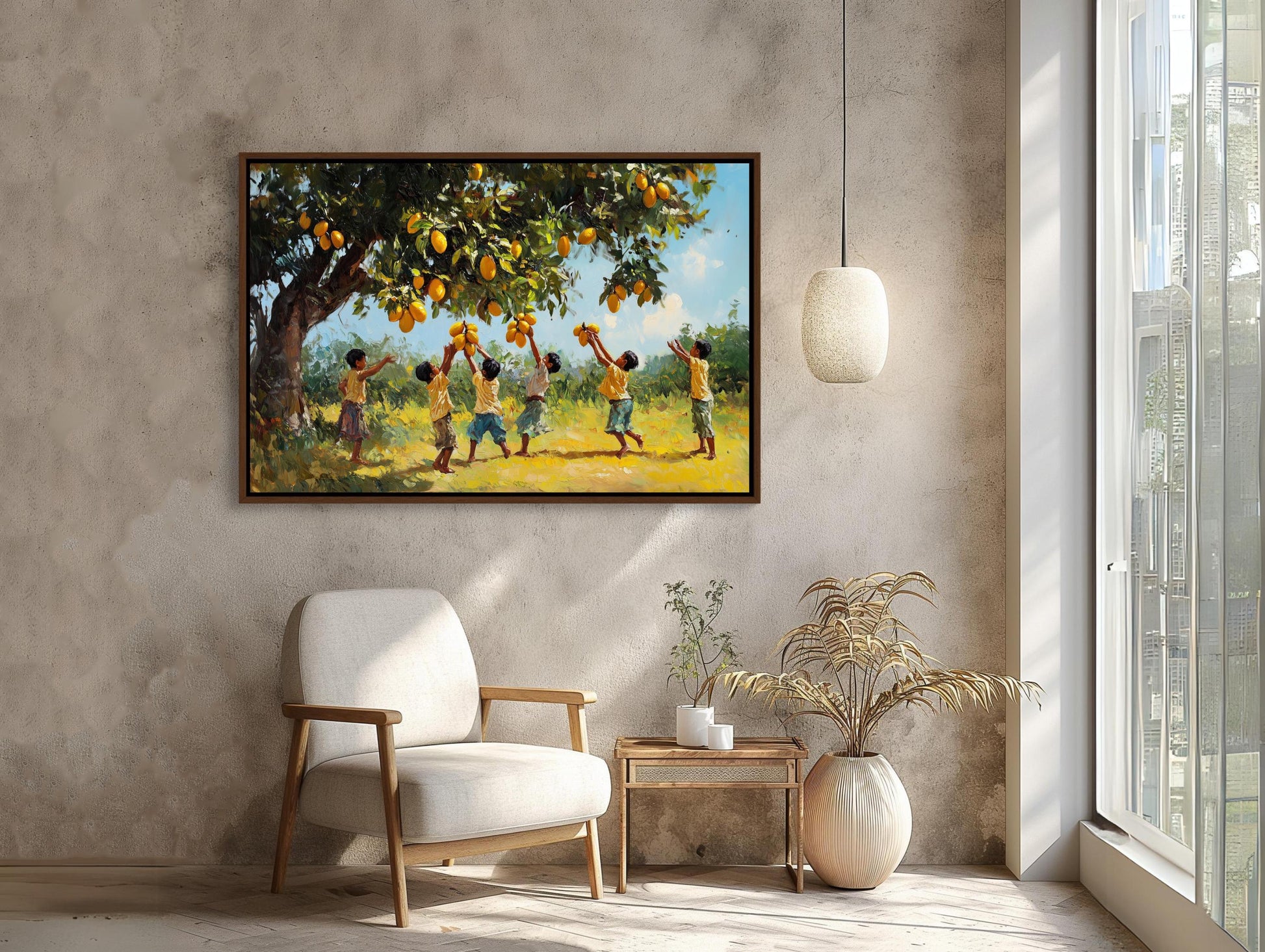 Indian Kids Mango Tree , Desi Children canvas wall art shown in a styled room