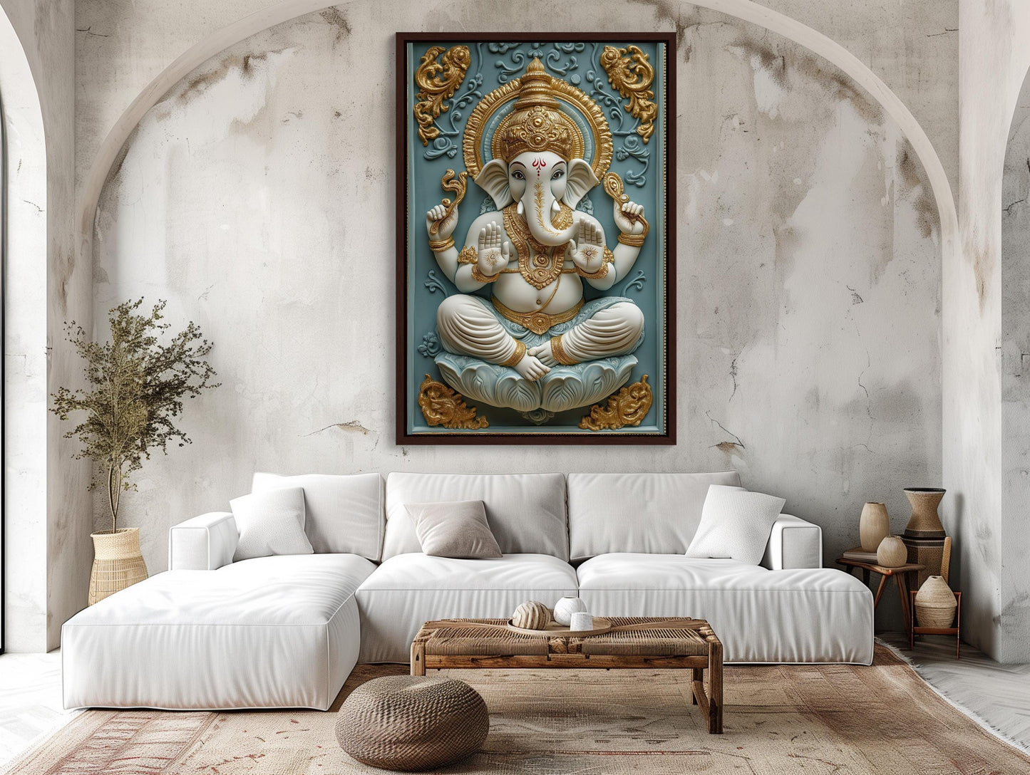 3D Ganesha canvas wall art shown in a living room (view 2)