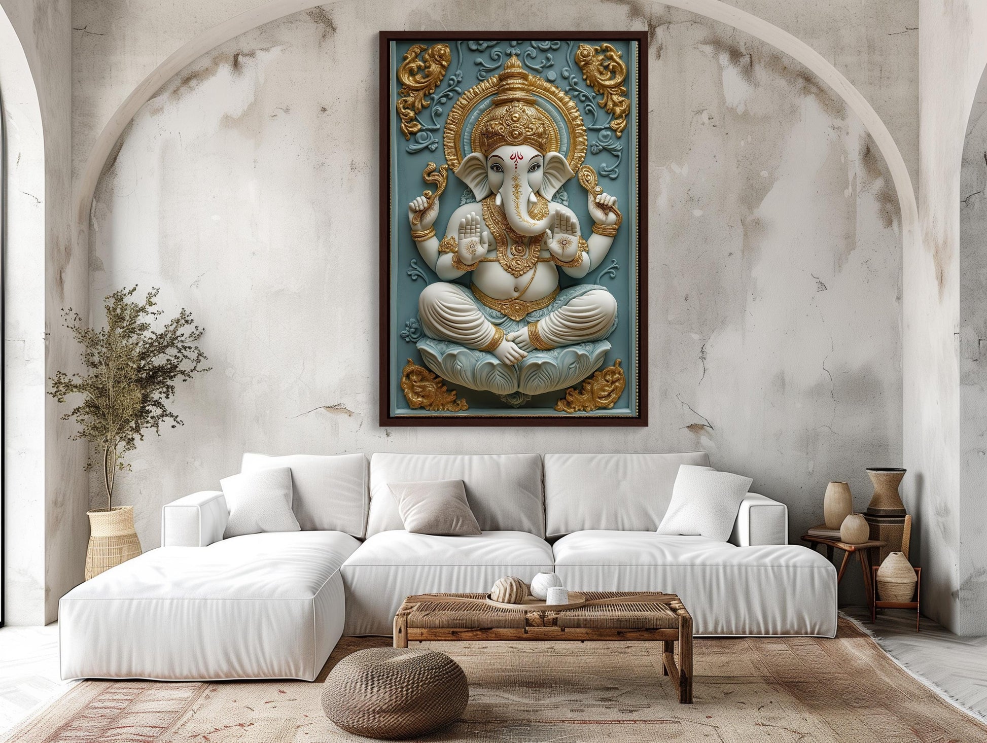 3D Ganesha canvas wall art shown in a living room (view 2)