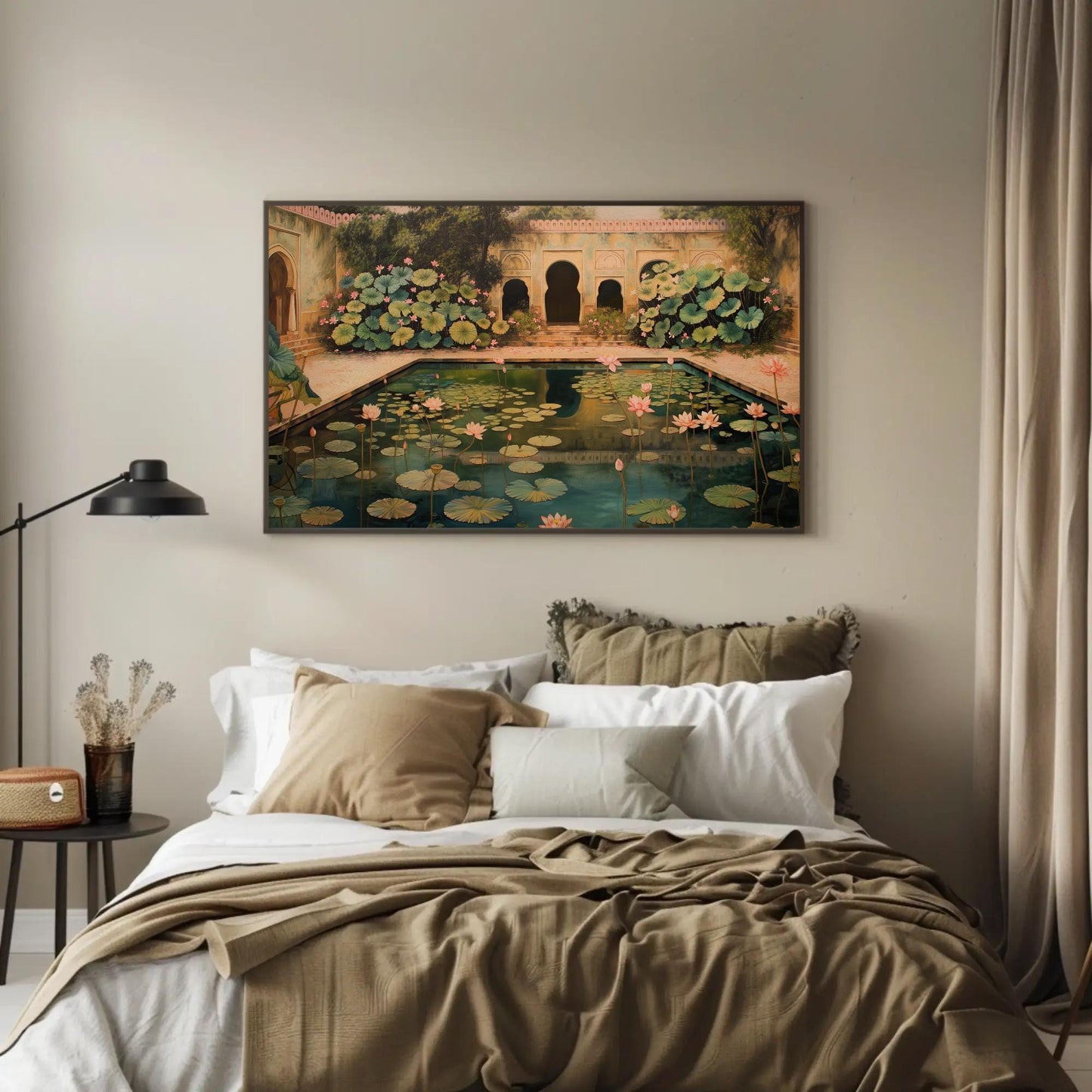 Mughal Lotus Pond , Traditional Indian traditional canvas wall art, ready to hang