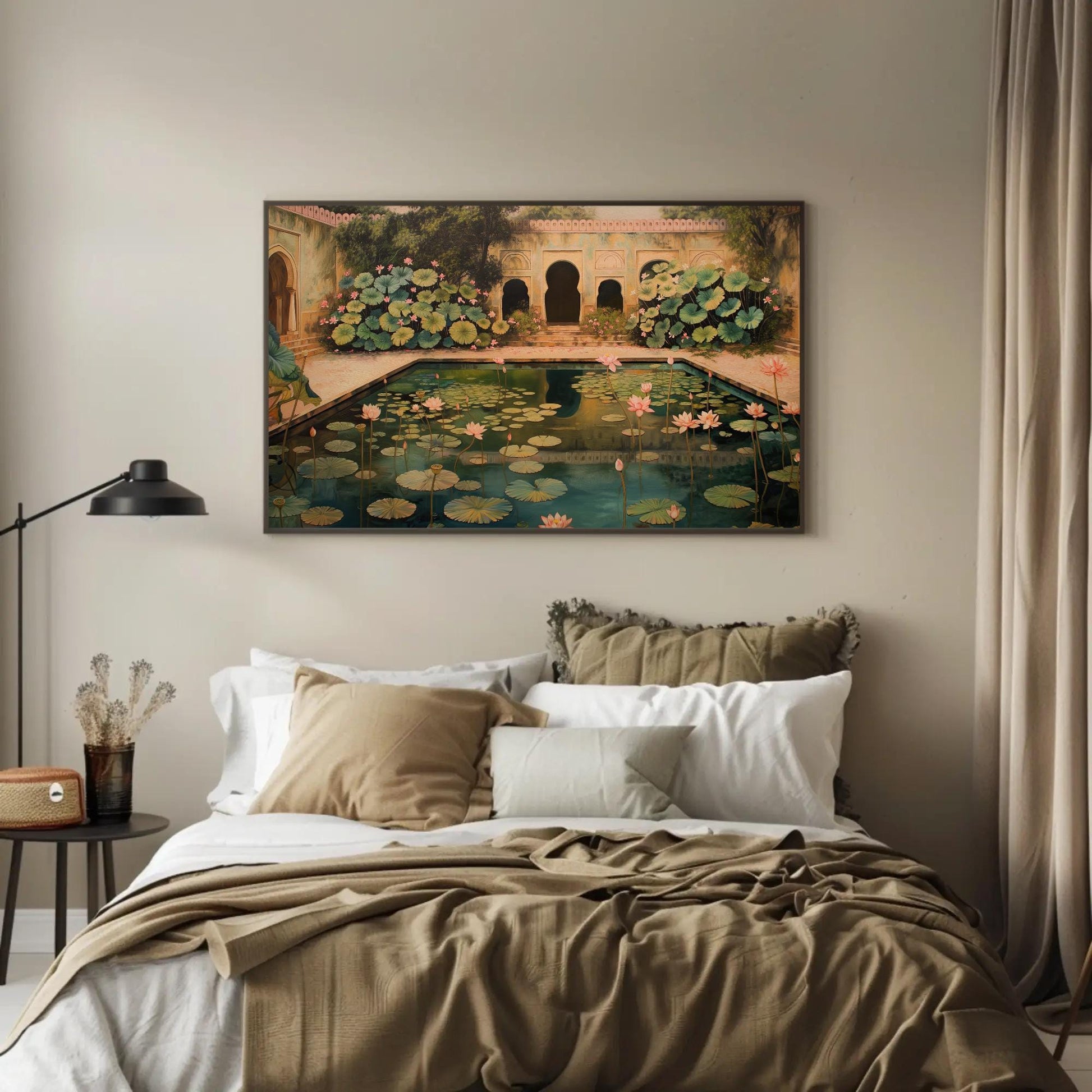 Mughal Lotus Pond , Traditional Indian traditional canvas wall art, ready to hang