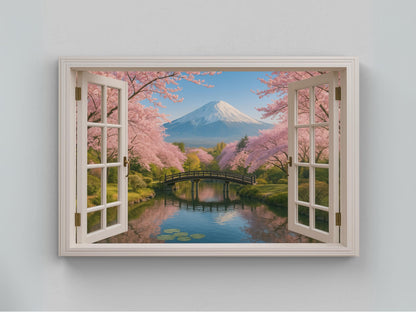 Mount Fuji cherry blossom canvas wall art, open window view of Fuji, sakura and a bridge