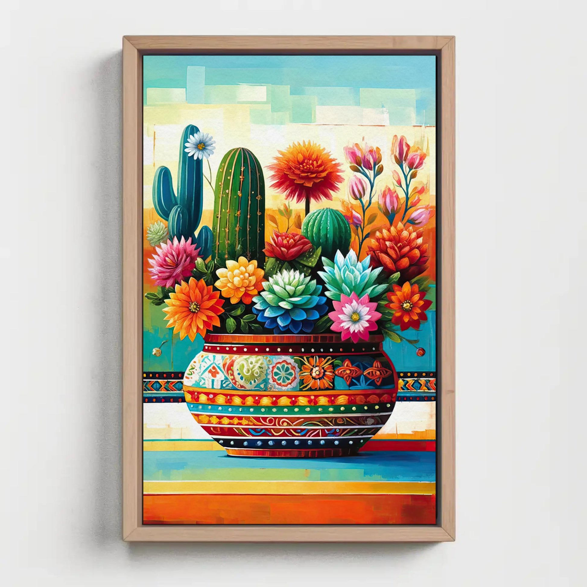 Mexican Floral Cactus , Vibrant Fiesta canvas wall art shown in a styled room