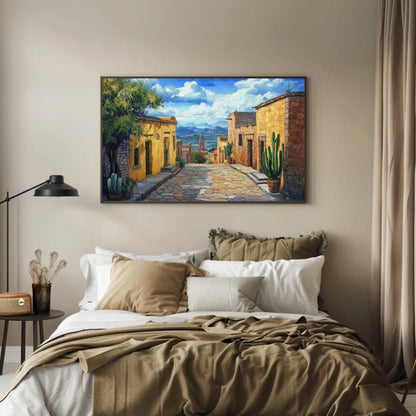 Mexican Village canvas wall art shown in a bedroom (view 3)