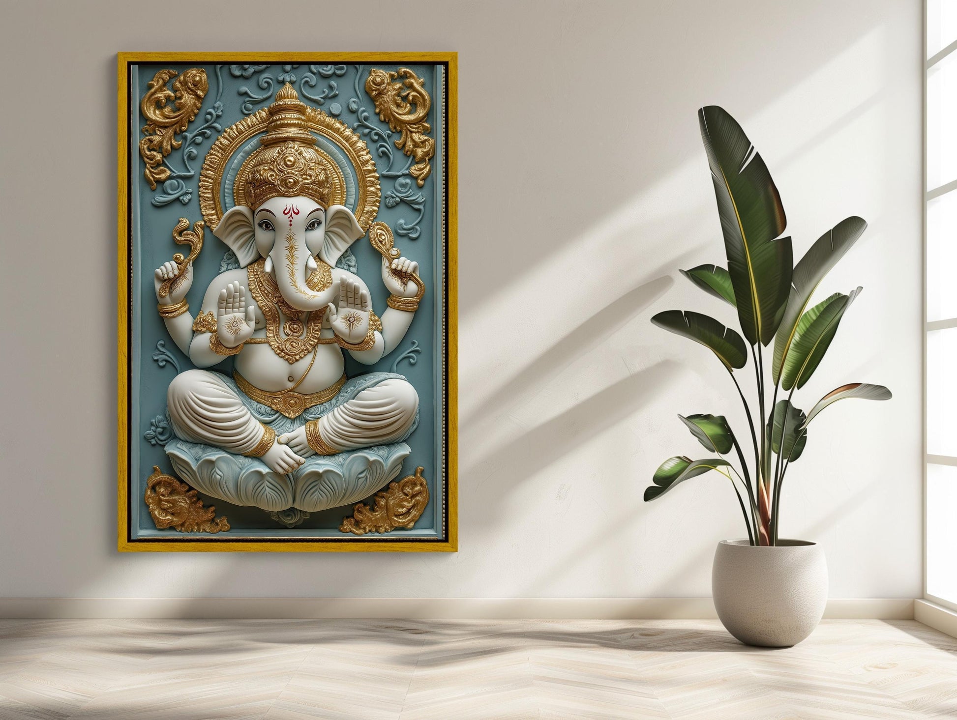 3D Ganesha canvas wall art shown in a styled room (view 2)