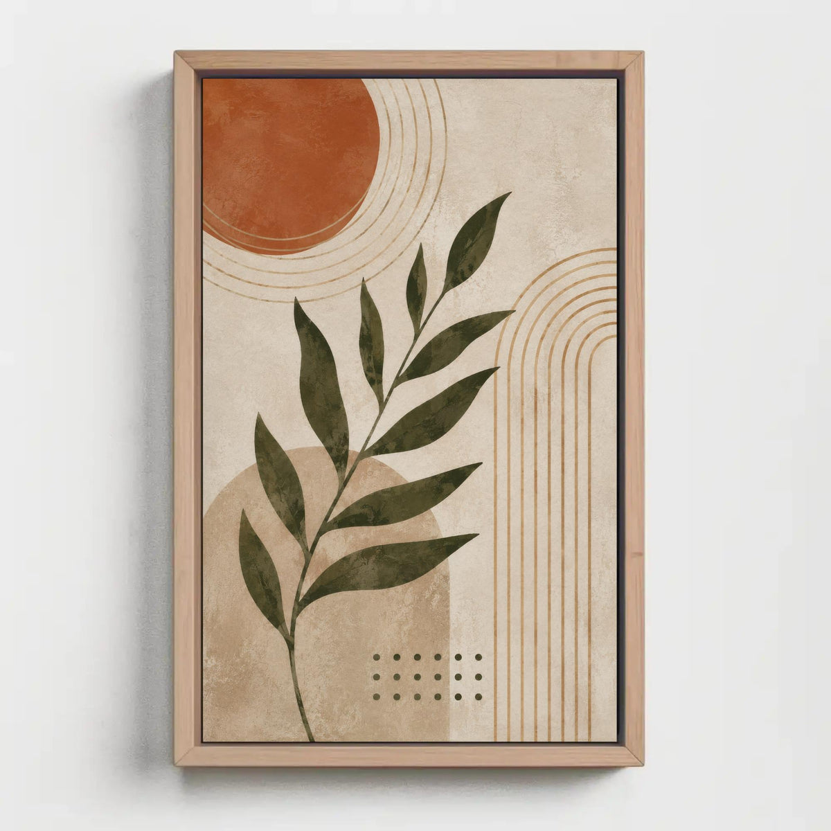 The image is a framed artwork featuring a stylized plant with green leaves and a sun-like shape in the background.
