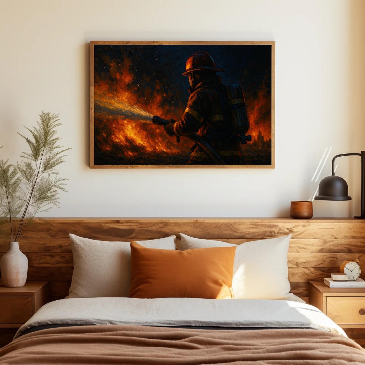 Firefighter canvas wall art shown above a bed (view 2)