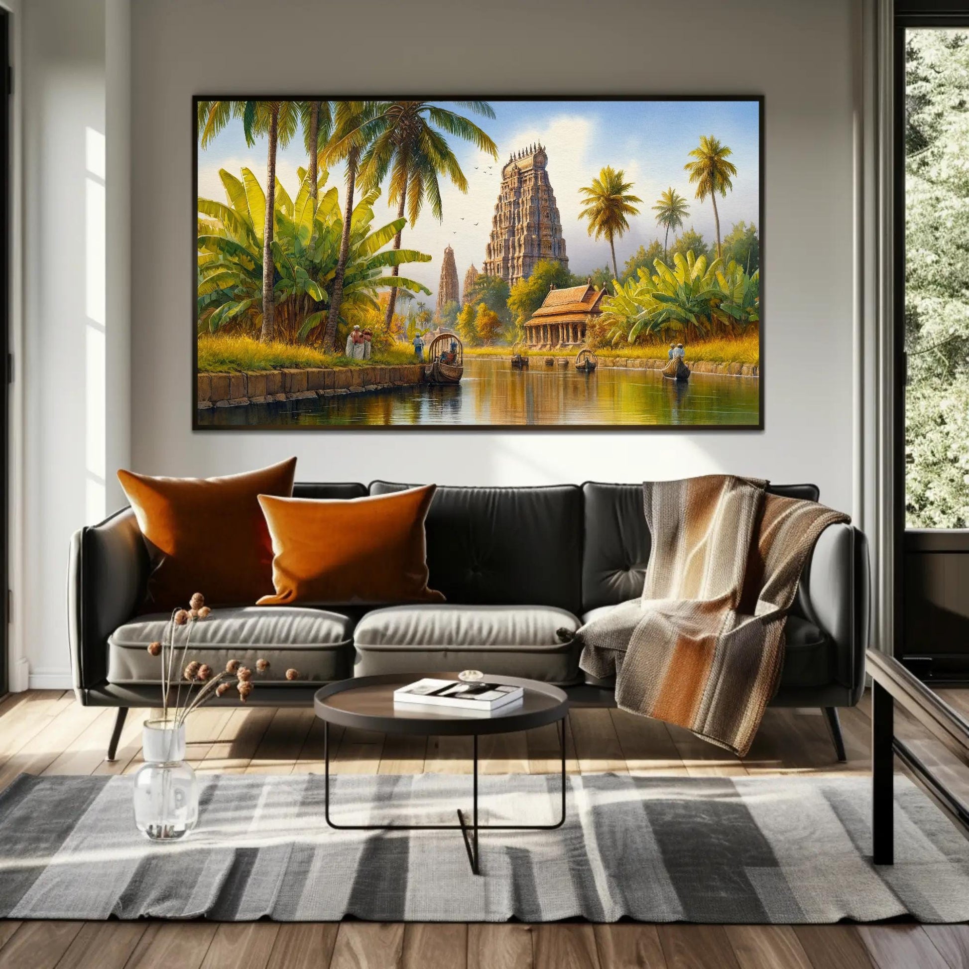 South India Backwaters , Kerala Temple canvas wall art shown in a living room